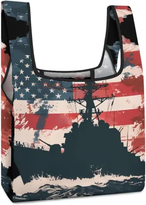Battleship USA American Flag Shopping Bag Reusable Grocery Tote Bag Foldable Handbag with Handle for Travel Picnic
