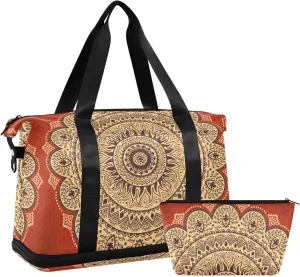 Beautiful Vintage Ornament Retro Mandala Flower Foldable Travel Bag, Camping Luggage bag, Portable Gym Bag, Sports Bag, Toiletry Bag with Handles Adjustable Shoulder Strap