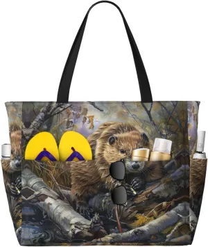 Beaver Working Print Stylish Beach Tote Bag,Large Capacity Handbag,Perfect For Women'S Vacation And Daily Use