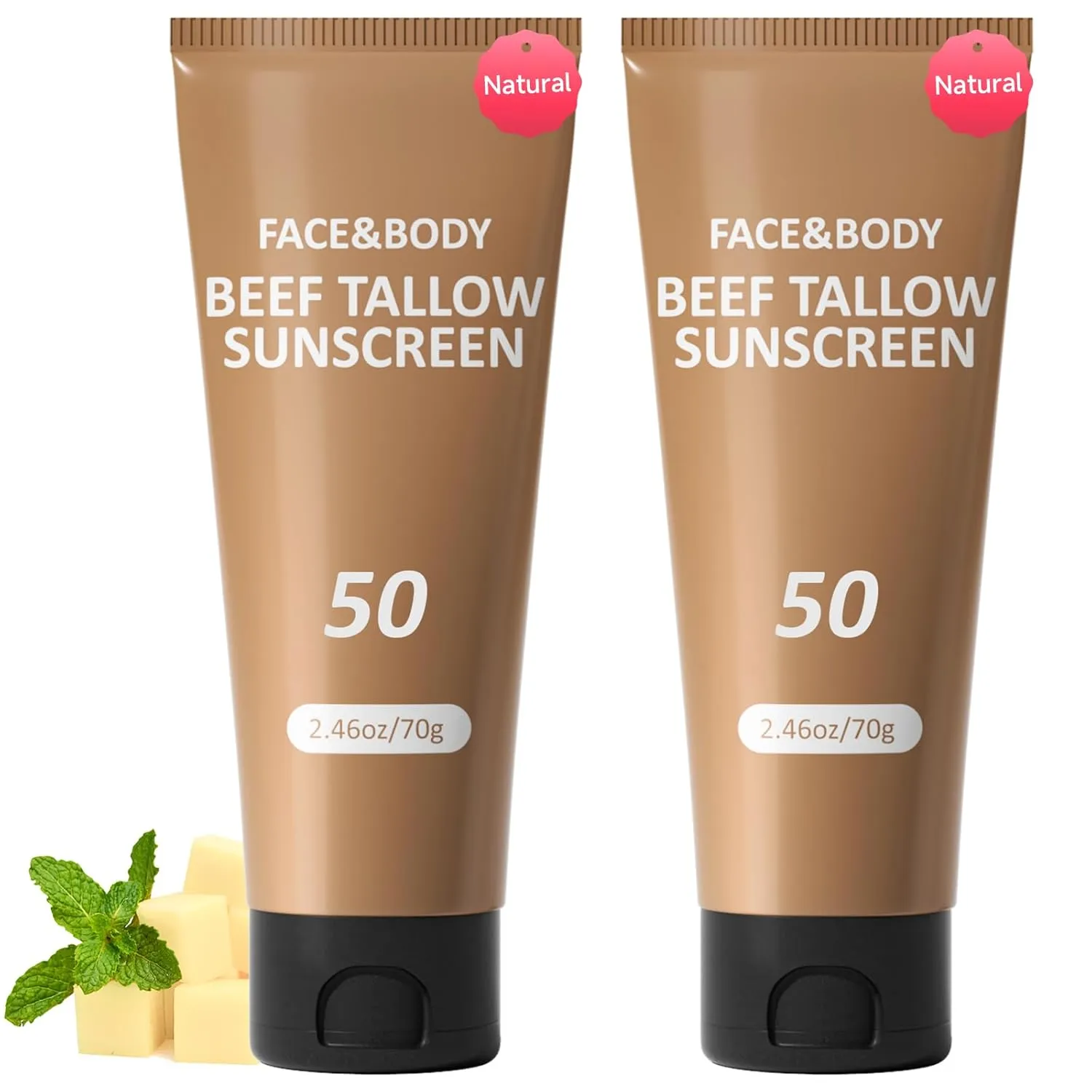 Beef Tallow Sunscreen, Sunscreen for Face, Natural Reef Safe Sunblock for Face Body, Non Greasy Clean Travel Sun Screen Sunblock for Sunmmer Outdoor Travel, 2 Packs