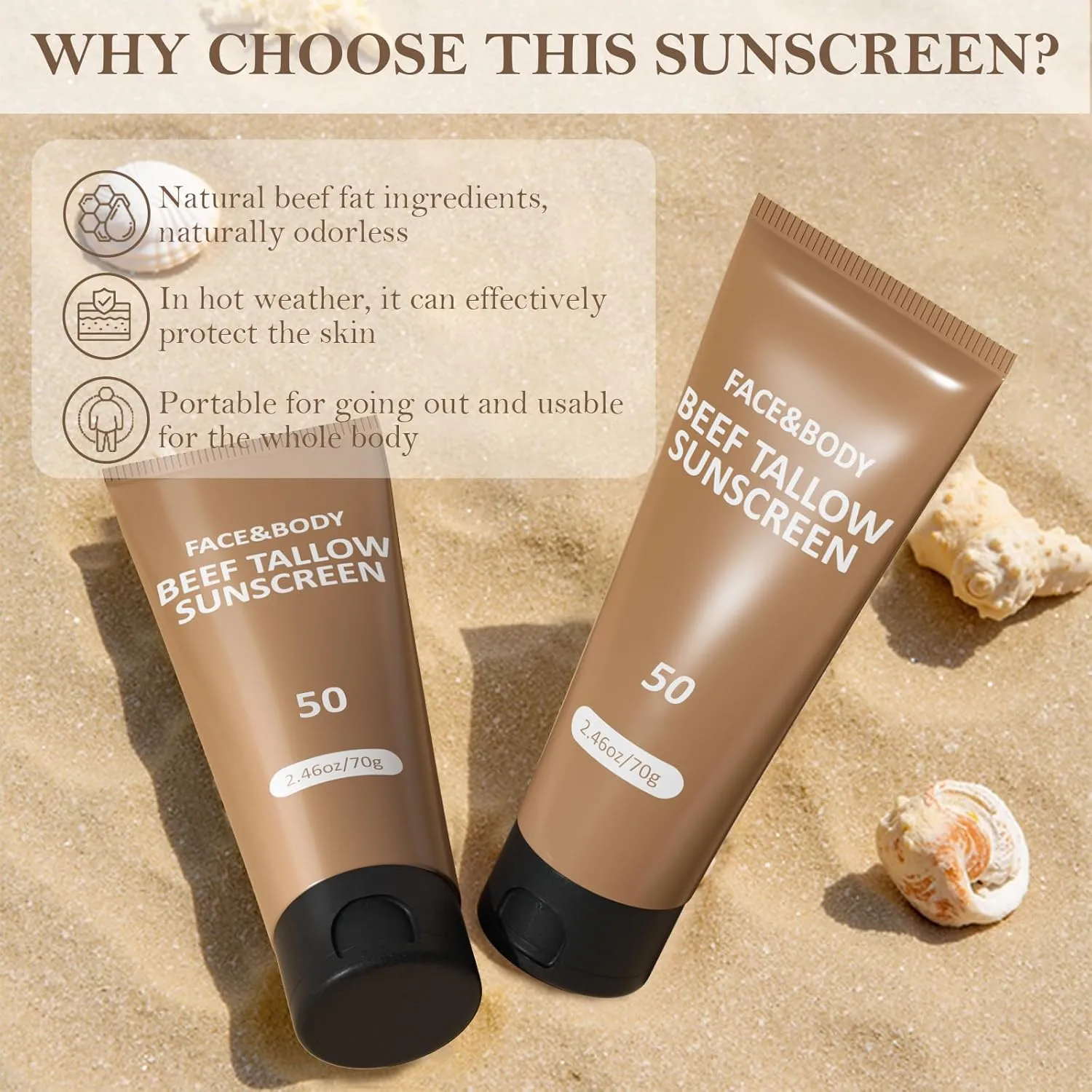 Beef Tallow Sunscreen, Sunscreen for Face, Natural Reef Safe Sunblock for Face Body, Non Greasy Clean Travel Sun Screen Sunblock for Sunmmer Outdoor Travel, 2.46 OZ