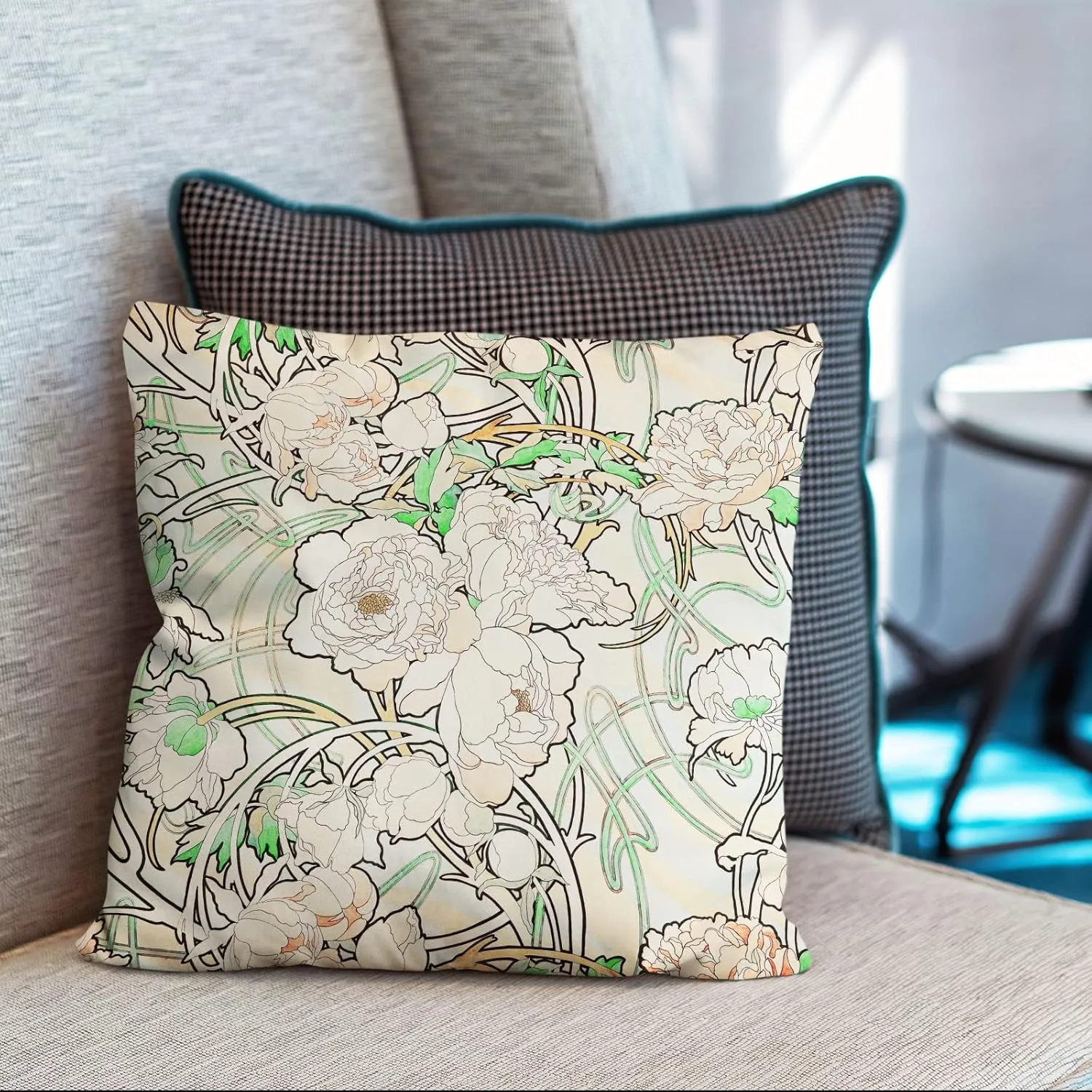 Berkin Arts Decorative Square Throw Pillow Covers Farmhouse Cushion Cases Designed of Art Flower Floral,Polyester Blend. Pack of 2, 18x18 Inch. Durable Elegant for Sofa (Peonies by Alphonse Mucha)