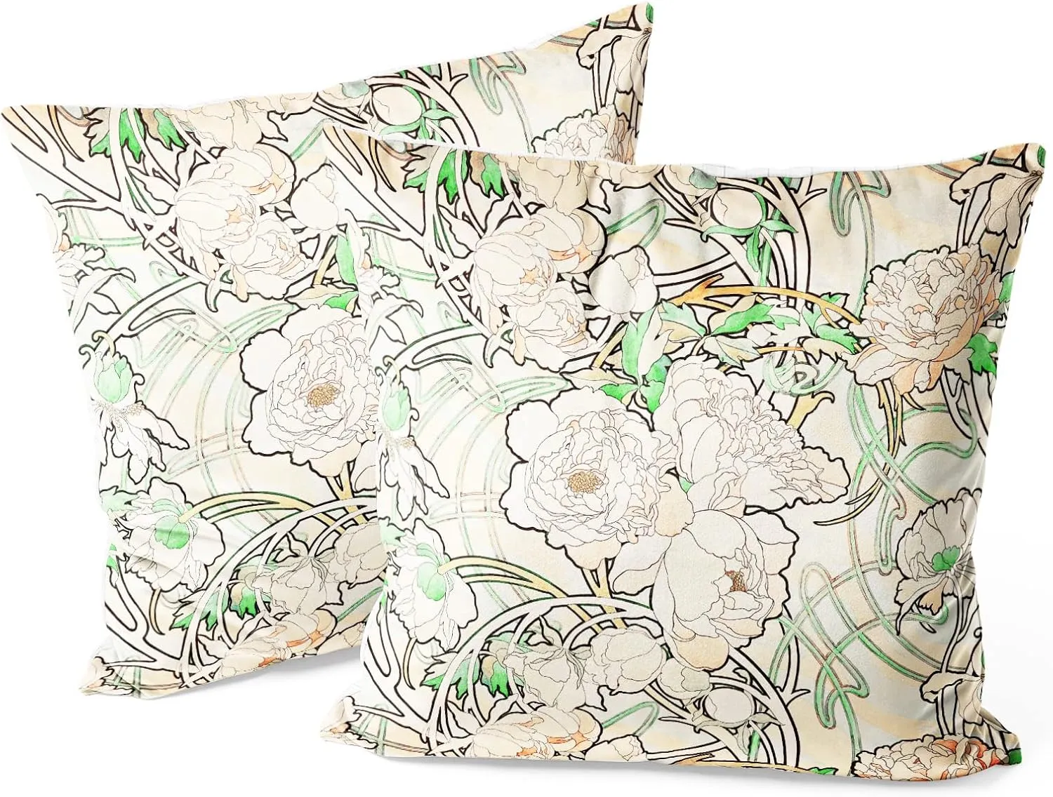 Berkin Arts Decorative Square Throw Pillow Covers Farmhouse Cushion Cases Designed of Art Flower Floral,Polyester Blend. Pack of 2, 18x18 Inch. Durable Elegant for Sofa (Peonies by Alphonse Mucha)