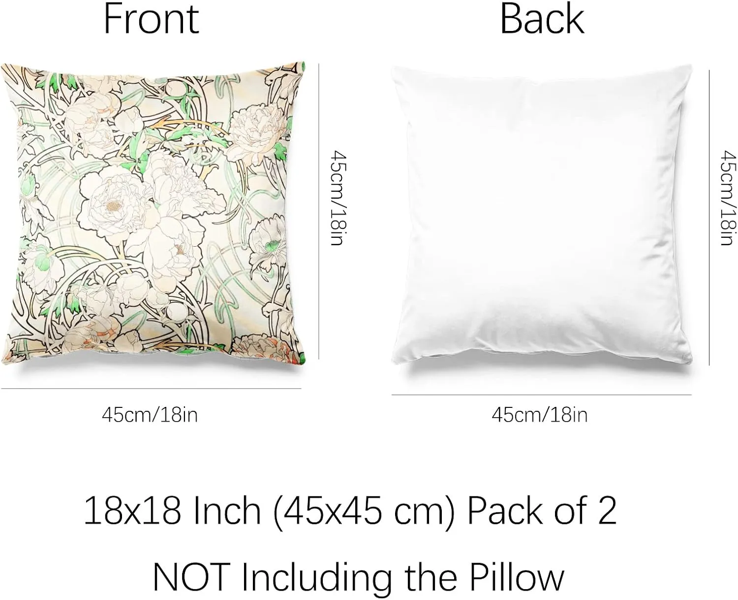 Berkin Arts Decorative Square Throw Pillow Covers Farmhouse Cushion Cases Designed of Art Flower Floral,Polyester Blend. Pack of 2, 18x18 Inch. Durable Elegant for Sofa (Peonies by Alphonse Mucha)