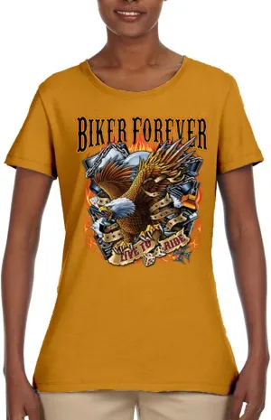 Biker Forever American Eagle Live to Ride Cars and Trucks Womens Graphic T-Shirt