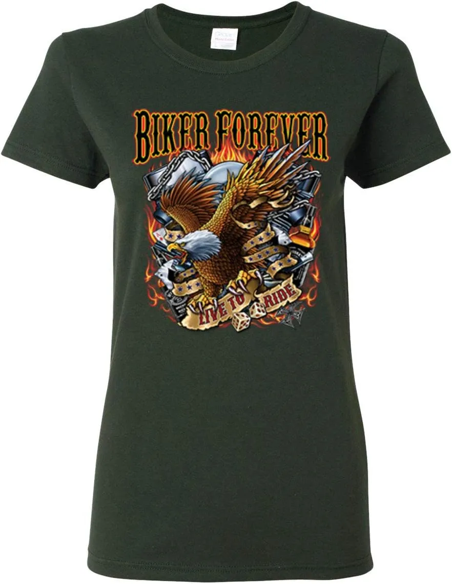 Biker Forever American Eagle Live to Ride Cars and Trucks Womens Graphic T-Shirt