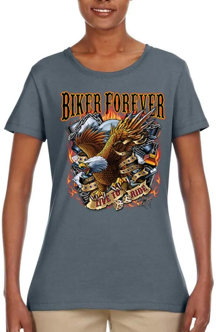 Biker Forever American Eagle Live to Ride Cars and Trucks Womens Graphic T-Shirt