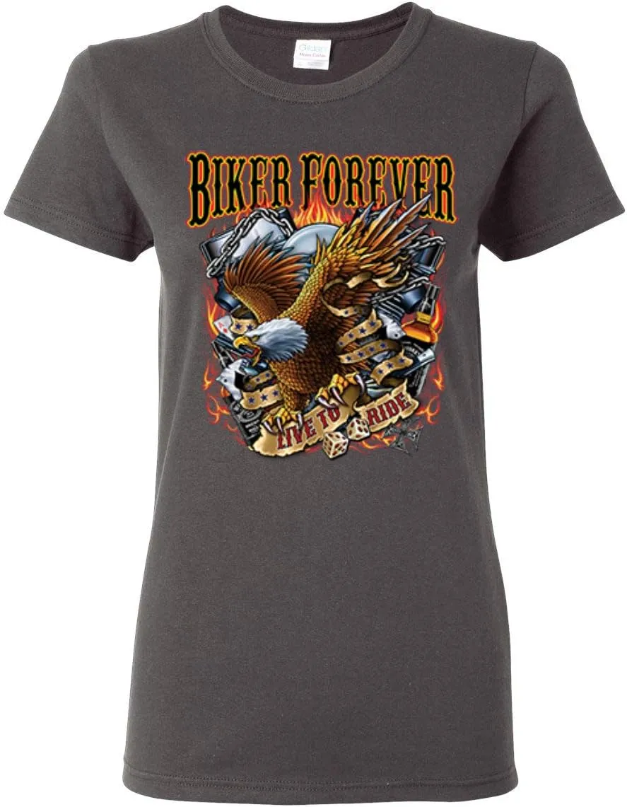 Biker Forever American Eagle Live to Ride Cars and Trucks Womens Graphic T-Shirt