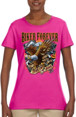 Biker Forever American Eagle Live to Ride Cars and Trucks Womens Graphic T-Shirt