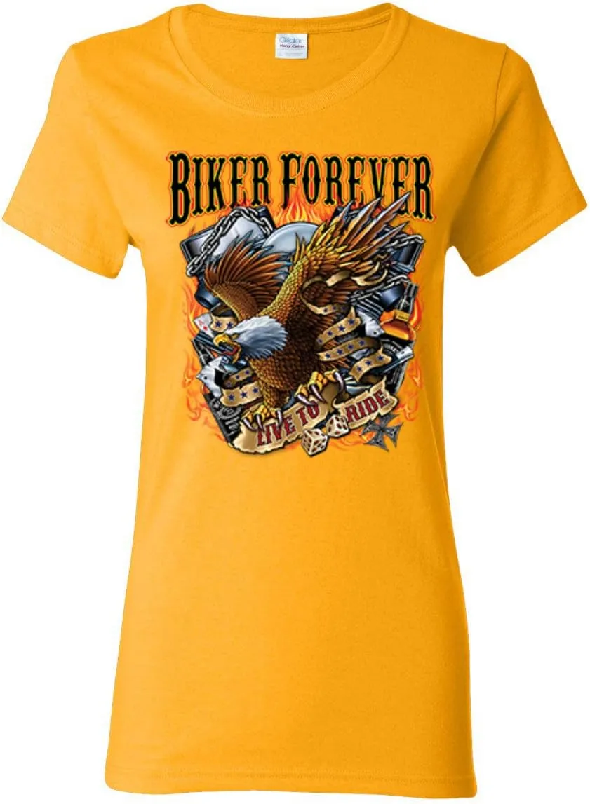 Biker Forever American Eagle Live to Ride Cars and Trucks Womens Graphic T-Shirt