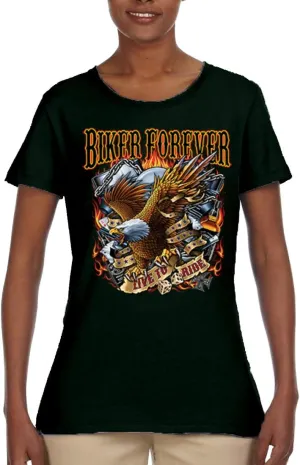 Biker Forever American Eagle Live to Ride Cars and Trucks Womens Graphic T-Shirt