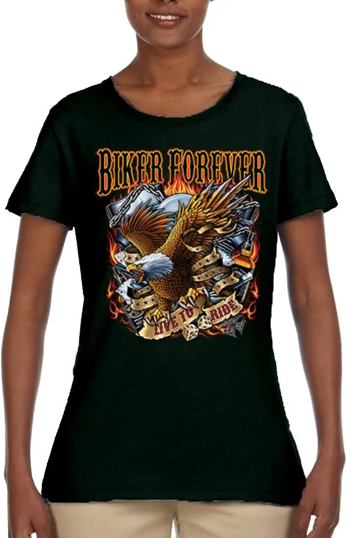 Biker Forever American Eagle Live to Ride Cars and Trucks Womens Graphic T-Shirt