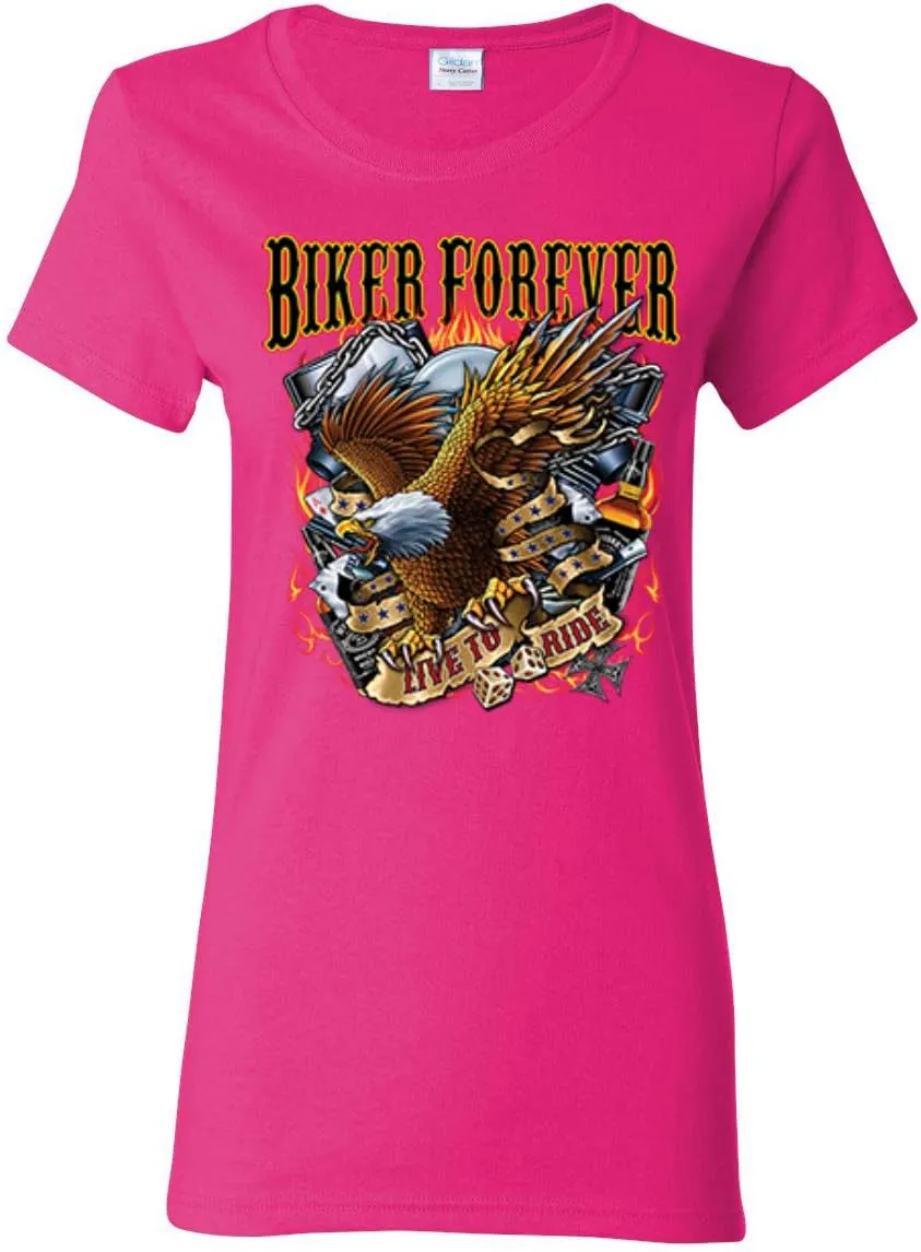 Biker Forever American Eagle Live to Ride Cars and Trucks Womens Graphic T-Shirt