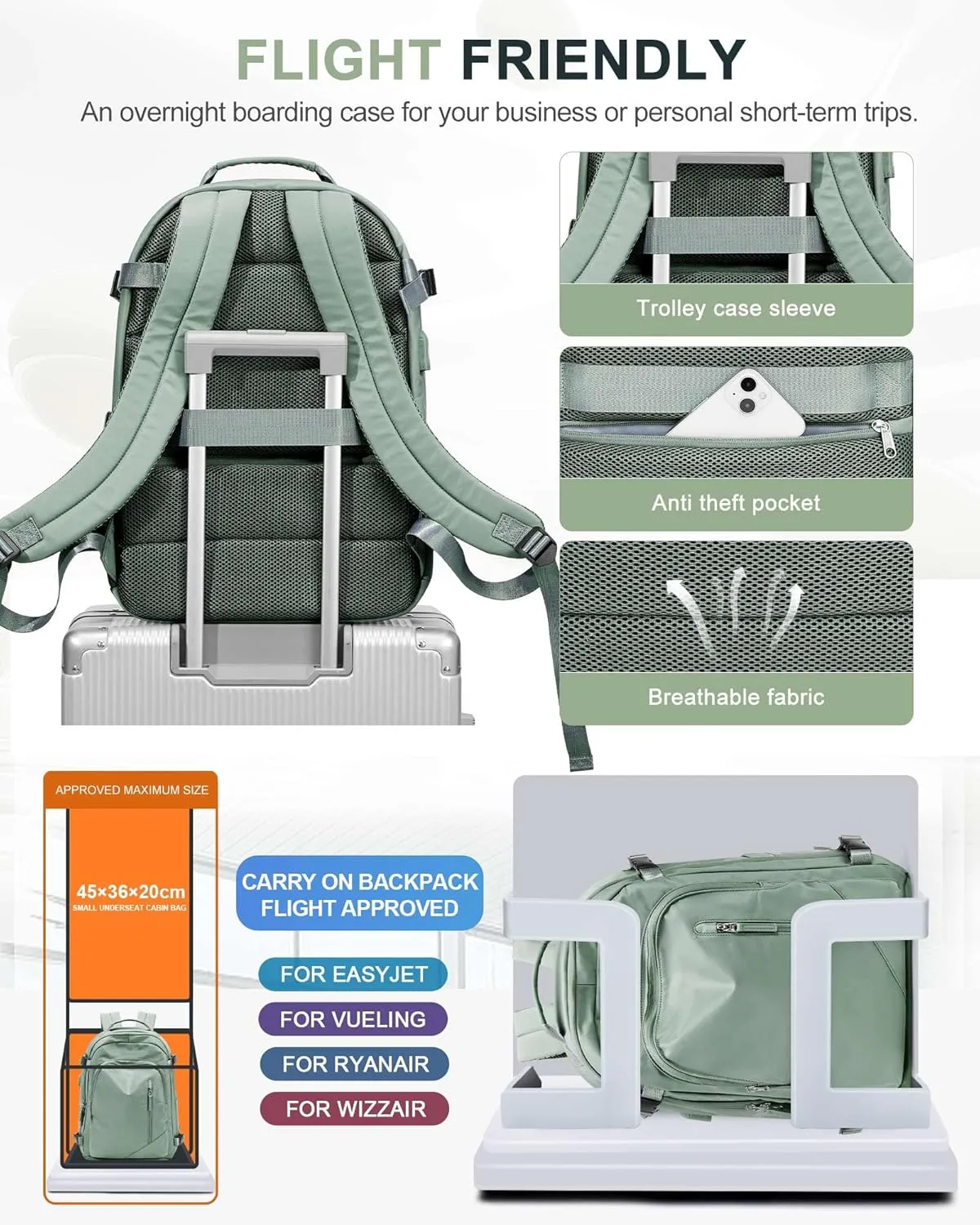 BJLFS Large Travel Backpack for Women Men,Carry On Backpack,Hiking Backpack Waterproof Outdoor Sports Rucksack Casual Work Gym Weekender Daypack Travel Essentials（simple, Army green）
