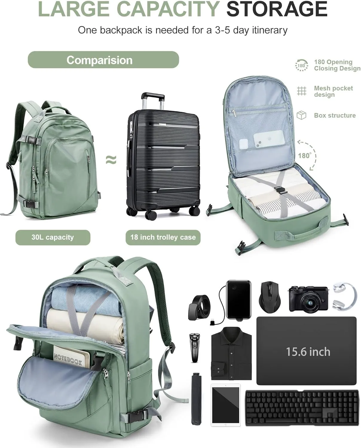 BJLFS Large Travel Backpack for Women Men,Carry On Backpack,Hiking Backpack Waterproof Outdoor Sports Rucksack Casual Work Gym Weekender Daypack Travel Essentials（simple, Army green）