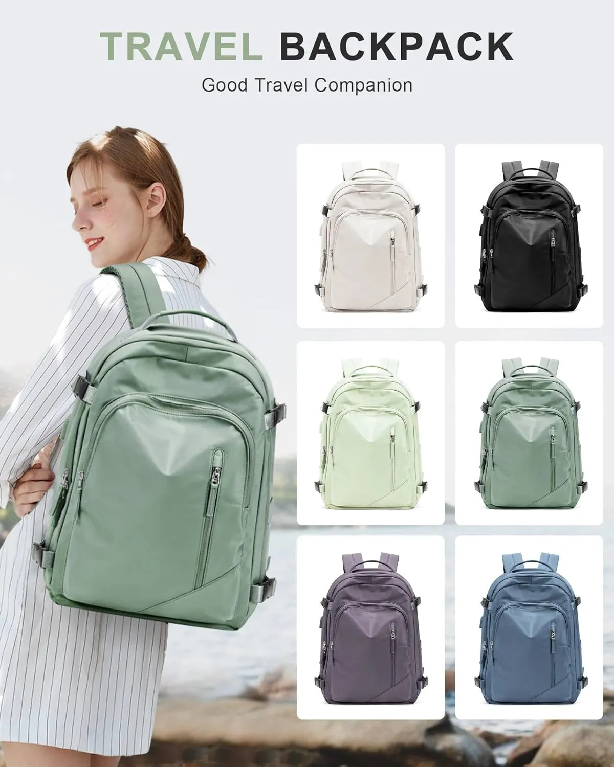 BJLFS Large Travel Backpack for Women Men,Carry On Backpack,Hiking Backpack Waterproof Outdoor Sports Rucksack Casual Work Gym Weekender Daypack Travel Essentials（simple, Army green）
