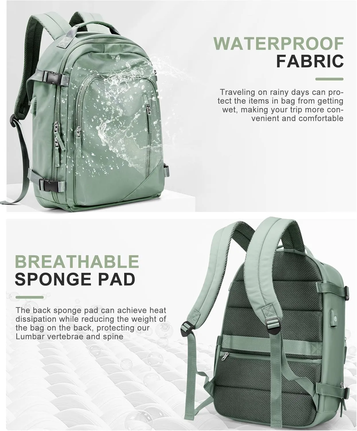 BJLFS Large Travel Backpack for Women Men,Carry On Backpack,Hiking Backpack Waterproof Outdoor Sports Rucksack Casual Work Gym Weekender Daypack Travel Essentials（simple, Army green）