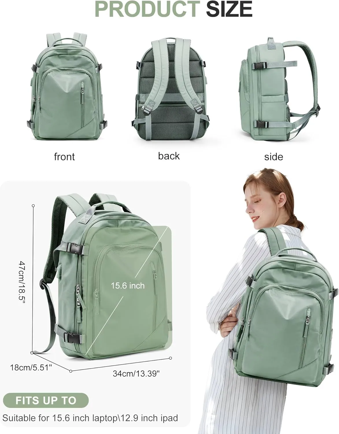 BJLFS Large Travel Backpack for Women Men,Carry On Backpack,Hiking Backpack Waterproof Outdoor Sports Rucksack Casual Work Gym Weekender Daypack Travel Essentials（simple, Army green）