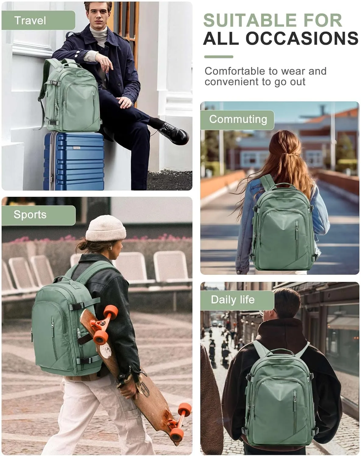 BJLFS Large Travel Backpack for Women Men,Carry On Backpack,Hiking Backpack Waterproof Outdoor Sports Rucksack Casual Work Gym Weekender Daypack Travel Essentials（simple, Army green）