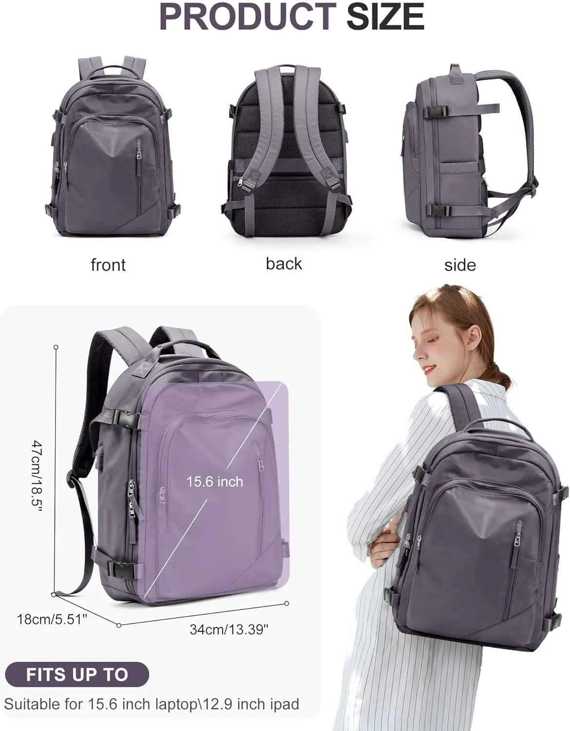 BJLFS Large Travel Backpack for Women Men,Carry On Backpack,Hiking Backpack Waterproof Outdoor Sports Rucksack Casual Work Gym Weekender Daypack Travel Essentials（simple, Purple）