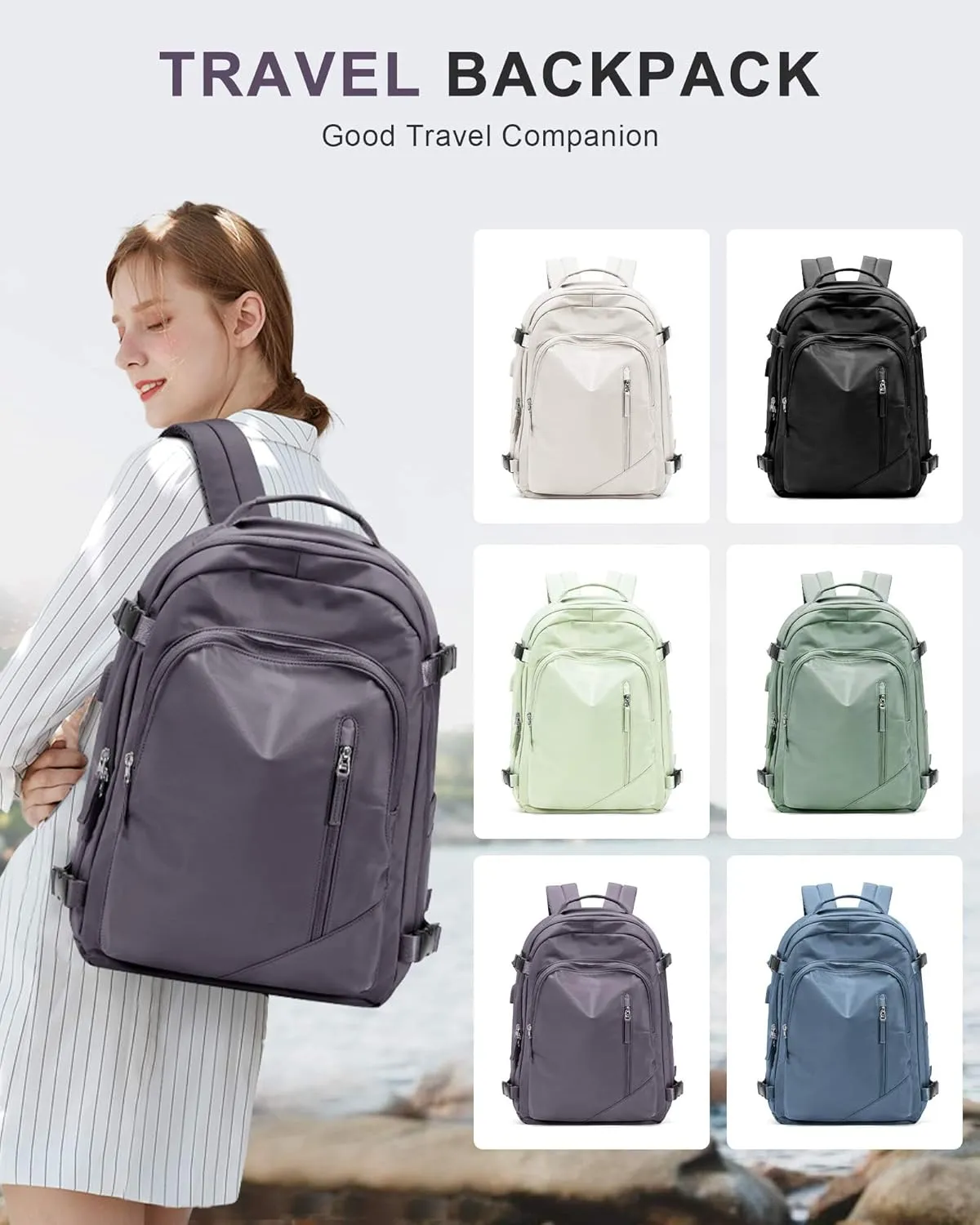 BJLFS Large Travel Backpack for Women Men,Carry On Backpack,Hiking Backpack Waterproof Outdoor Sports Rucksack Casual Work Gym Weekender Daypack Travel Essentials（simple, Purple）
