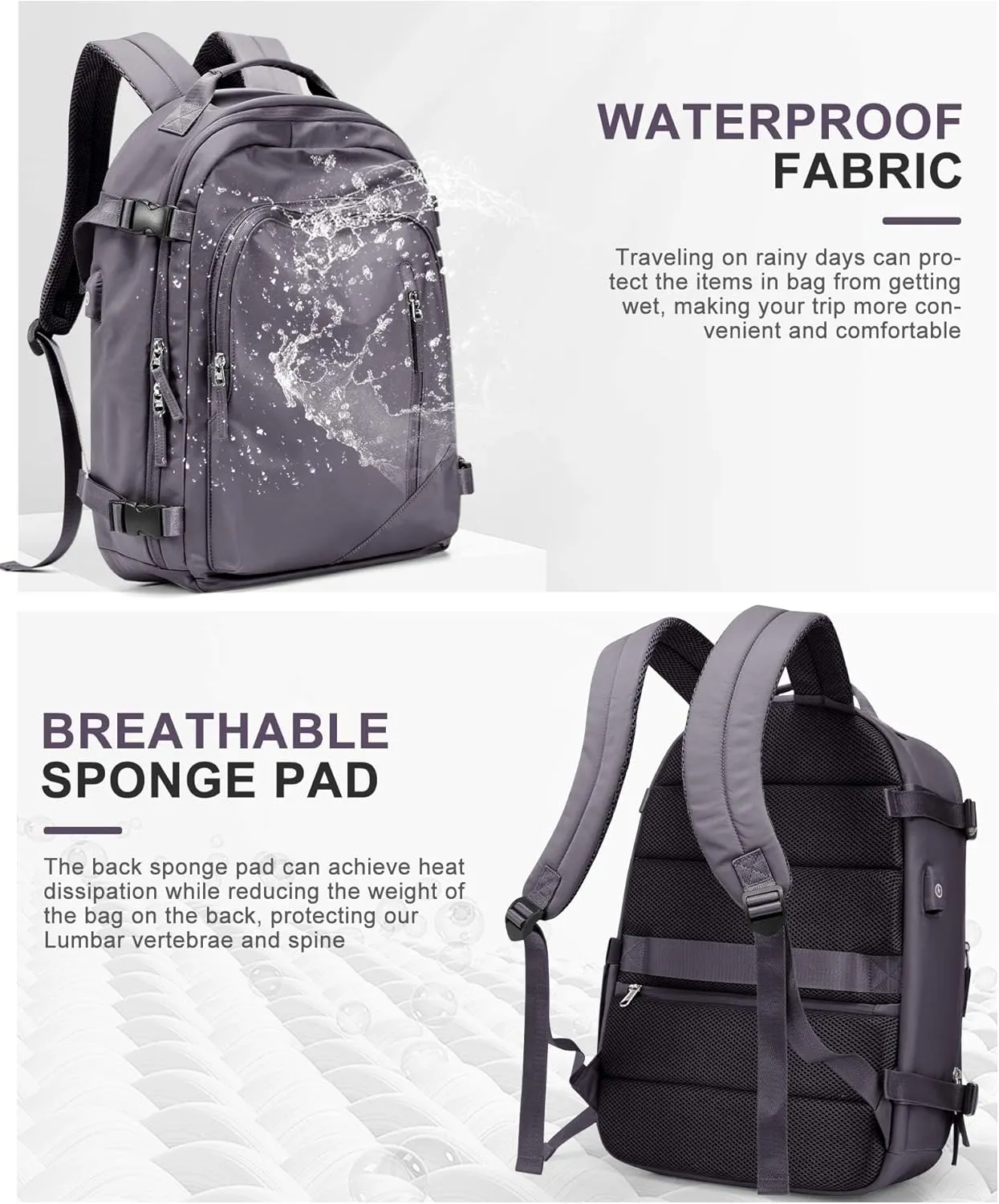 BJLFS Large Travel Backpack for Women Men,Carry On Backpack,Hiking Backpack Waterproof Outdoor Sports Rucksack Casual Work Gym Weekender Daypack Travel Essentials（simple, Purple）