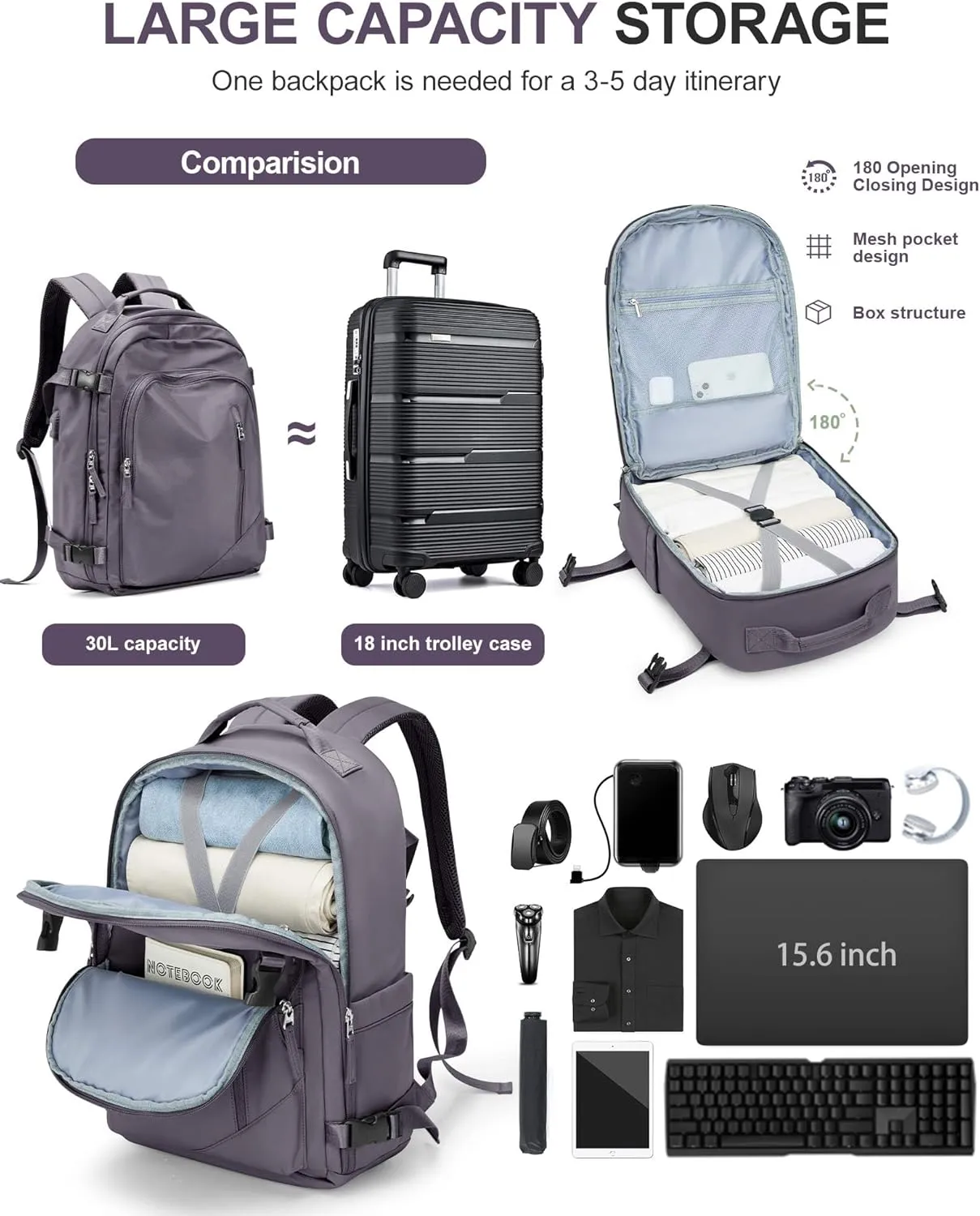 BJLFS Large Travel Backpack for Women Men,Carry On Backpack,Hiking Backpack Waterproof Outdoor Sports Rucksack Casual Work Gym Weekender Daypack Travel Essentials（simple, Purple）