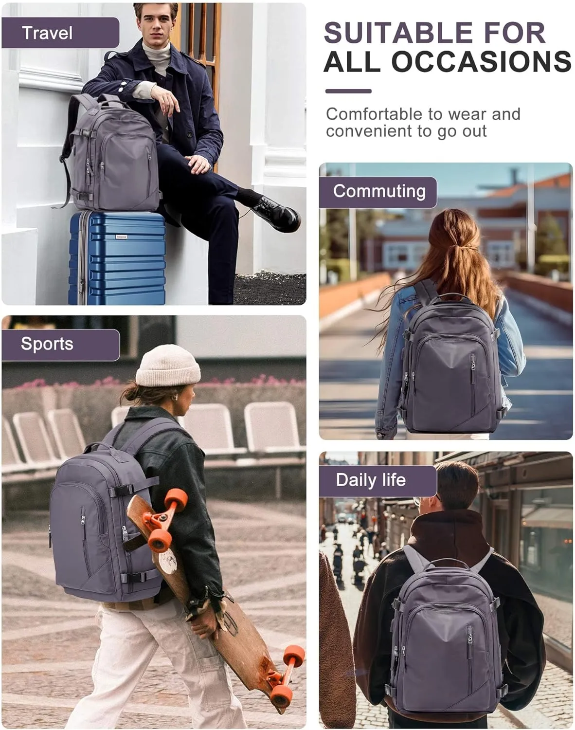 BJLFS Large Travel Backpack for Women Men,Carry On Backpack,Hiking Backpack Waterproof Outdoor Sports Rucksack Casual Work Gym Weekender Daypack Travel Essentials（simple, Purple）