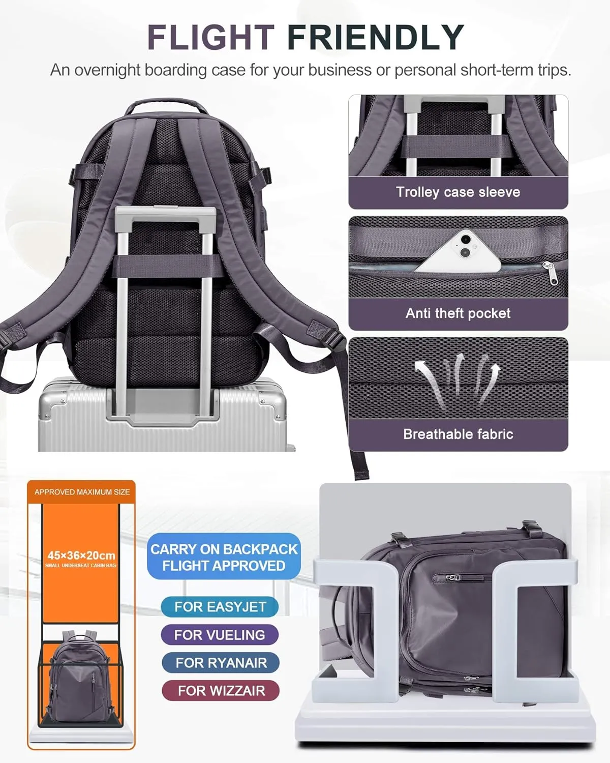 BJLFS Large Travel Backpack for Women Men,Carry On Backpack,Hiking Backpack Waterproof Outdoor Sports Rucksack Casual Work Gym Weekender Daypack Travel Essentials（simple, Purple）