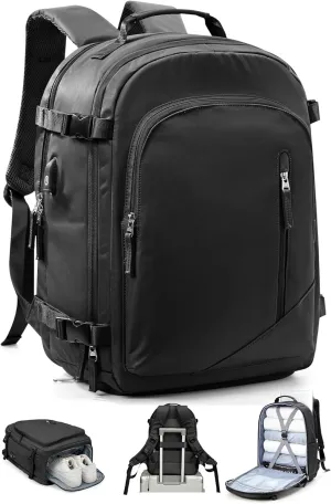 BJLFS Travel Backpack for Women Men, Carry On Backpack with USB Charging Port & Shoe Pouch, TSA 15.6inch, Flight Approved, College Nurse Bag Casual Laptop Daypack for Weekender Business Hiking,Black