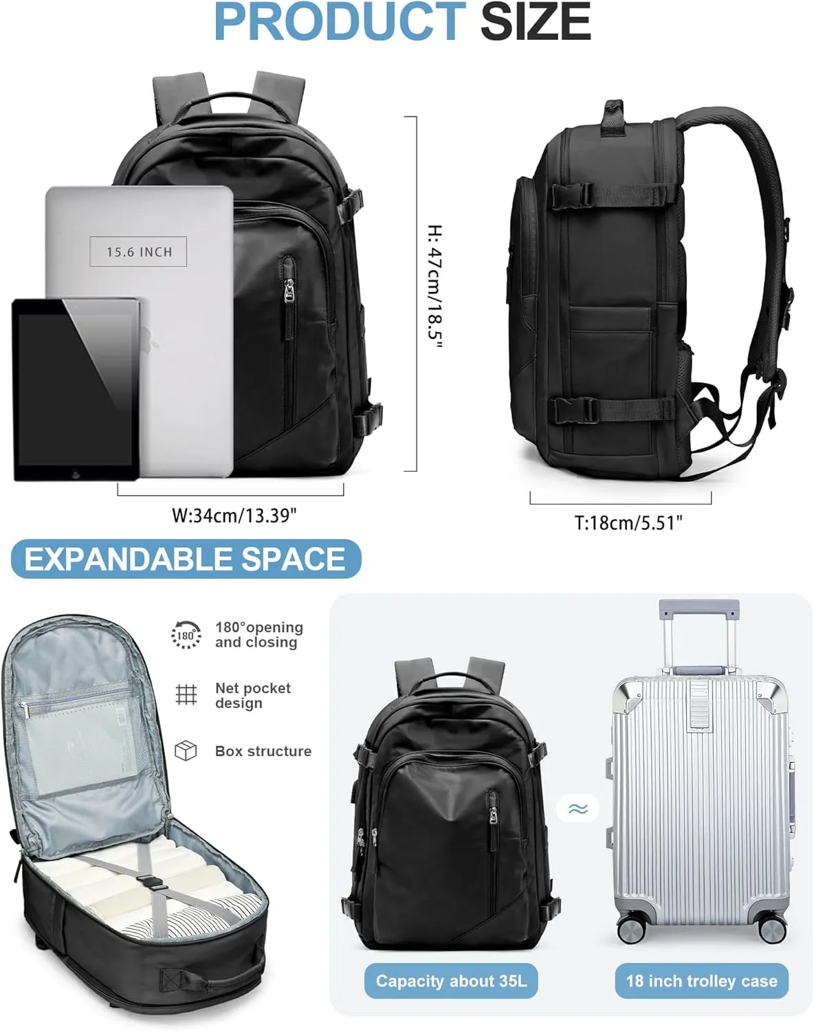 BJLFS Travel Backpack for Women Men, Carry On Backpack with USB Charging Port & Shoe Pouch, TSA 15.6inch, Flight Approved, College Nurse Bag Casual Laptop Daypack for Weekender Business Hiking,Black