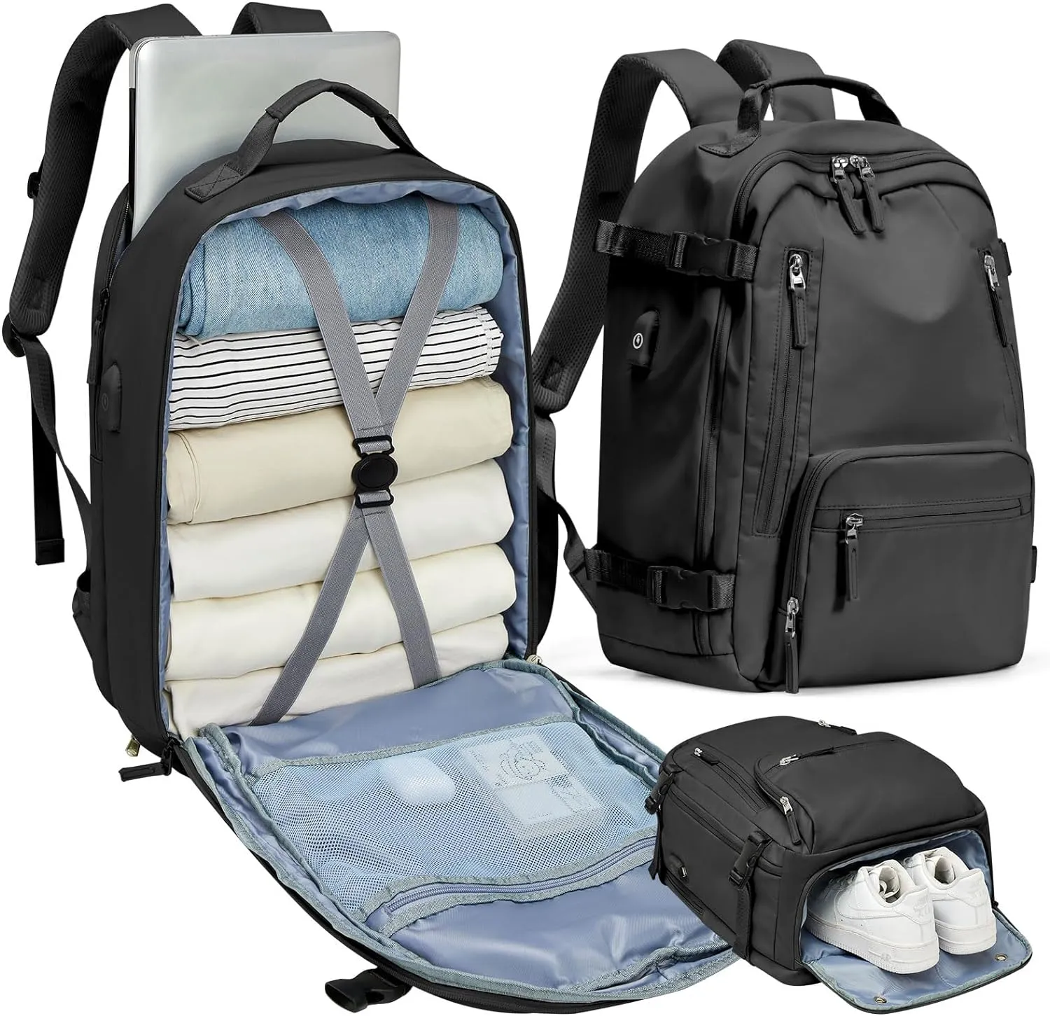 BJLFS Travel Backpack for Women Men, Carry On Backpack with USB Charging Port & Shoe Pouch, TSA 15.6inch, Flight Approved, College Nurse Bag Casual Laptop Daypack for Weekender Business Hiking,Black