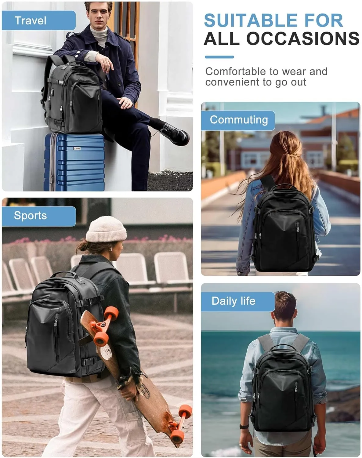 BJLFS Travel Backpack for Women Men, Carry On Backpack with USB Charging Port & Shoe Pouch, TSA 15.6inch, Flight Approved, College Nurse Bag Casual Laptop Daypack for Weekender Business Hiking,Black