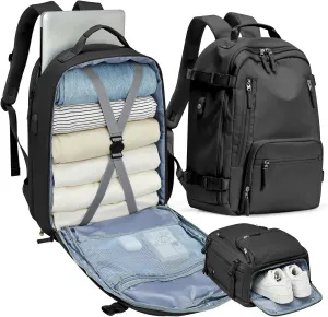 BJLFS Travel Backpack for Women Men, Carry On Backpack with USB Charging Port & Shoe Pouch, TSA 15.6inch, Flight Approved, College Nurse Bag Casual Laptop Daypack for Weekender Business Hiking,Black
