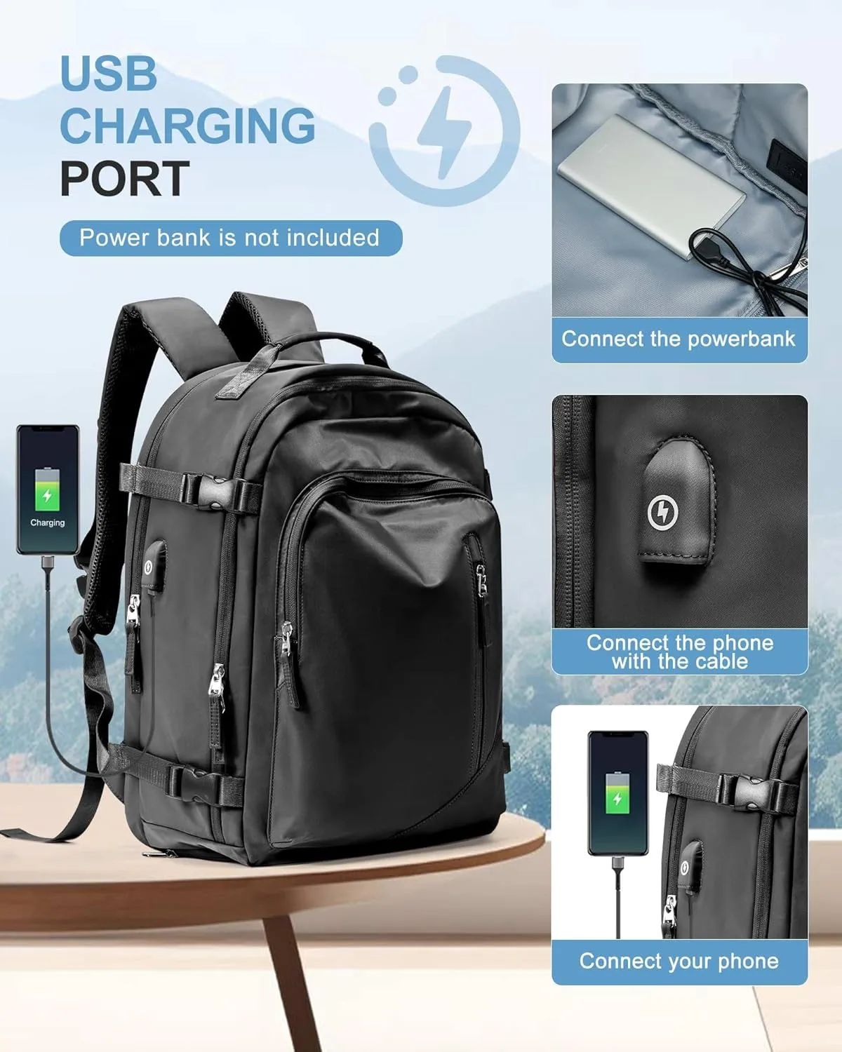 BJLFS Travel Backpack for Women Men, Carry On Backpack with USB Charging Port & Shoe Pouch, TSA 15.6inch, Flight Approved, College Nurse Bag Casual Laptop Daypack for Weekender Business Hiking,Black