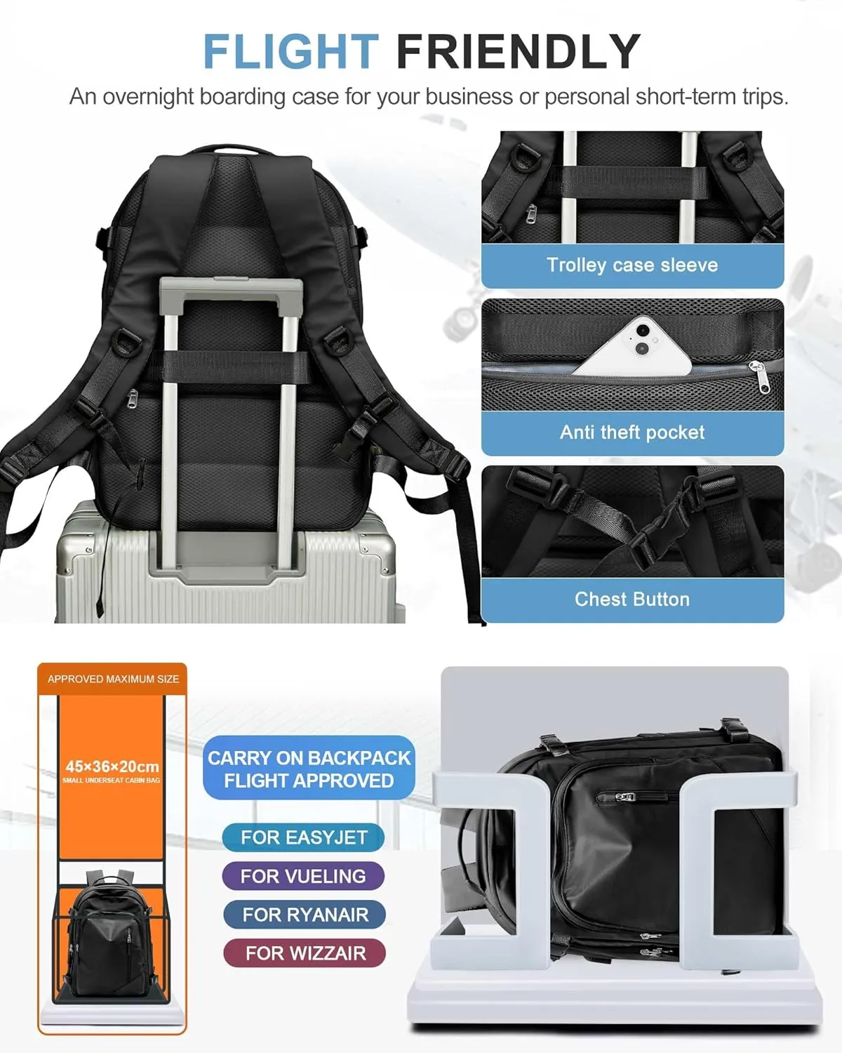 BJLFS Travel Backpack for Women Men, Carry On Backpack with USB Charging Port & Shoe Pouch, TSA 15.6inch, Flight Approved, College Nurse Bag Casual Laptop Daypack for Weekender Business Hiking,Black