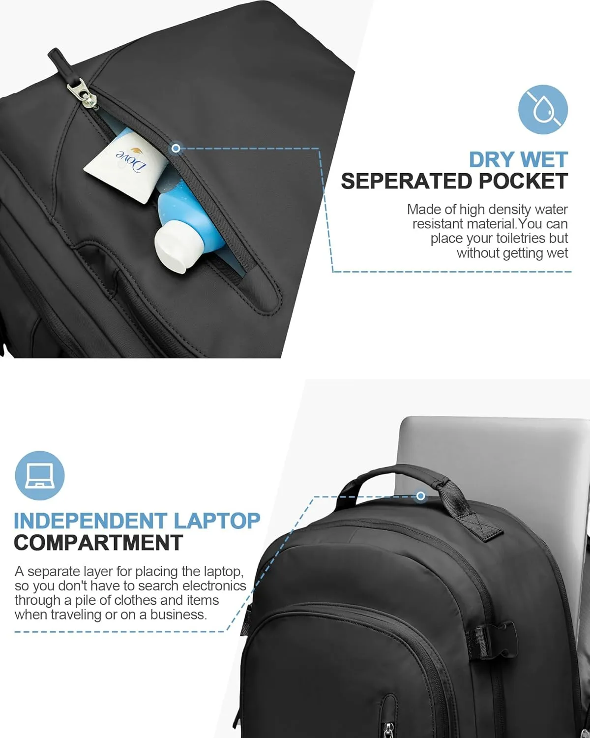 BJLFS Travel Backpack for Women Men, Carry On Backpack with USB Charging Port & Shoe Pouch, TSA 15.6inch, Flight Approved, College Nurse Bag Casual Laptop Daypack for Weekender Business Hiking,Black