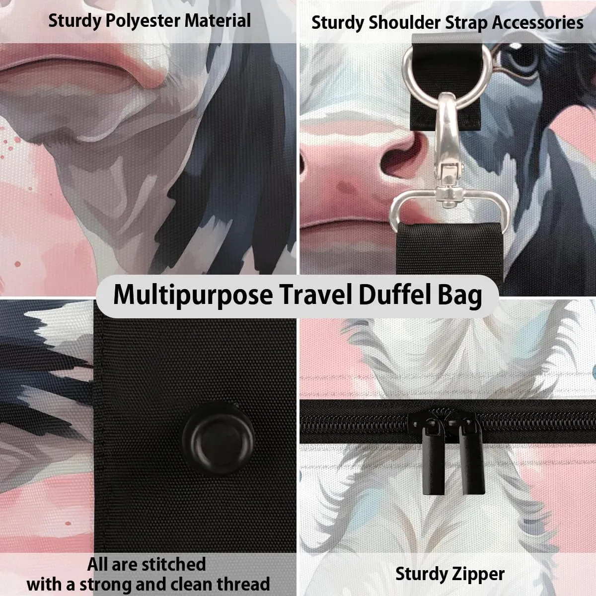 Black And White Cow Print Travel Duffel Bag for Women Men Waterproof Foldable Overnight Weekender Bag Large Capacity Sports Gym Bag