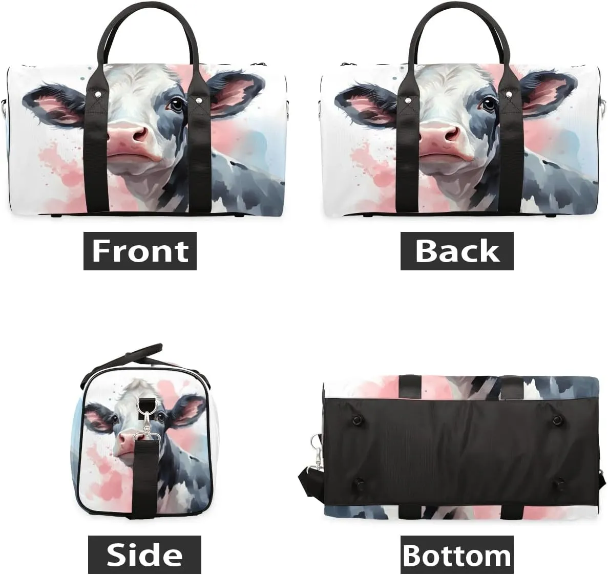 Black And White Cow Print Travel Duffel Bag for Women Men Waterproof Foldable Overnight Weekender Bag Large Capacity Sports Gym Bag