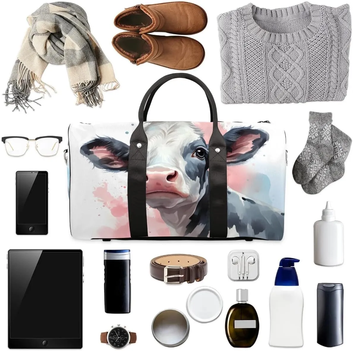 Black And White Cow Print Travel Duffel Bag for Women Men Waterproof Foldable Overnight Weekender Bag Large Capacity Sports Gym Bag