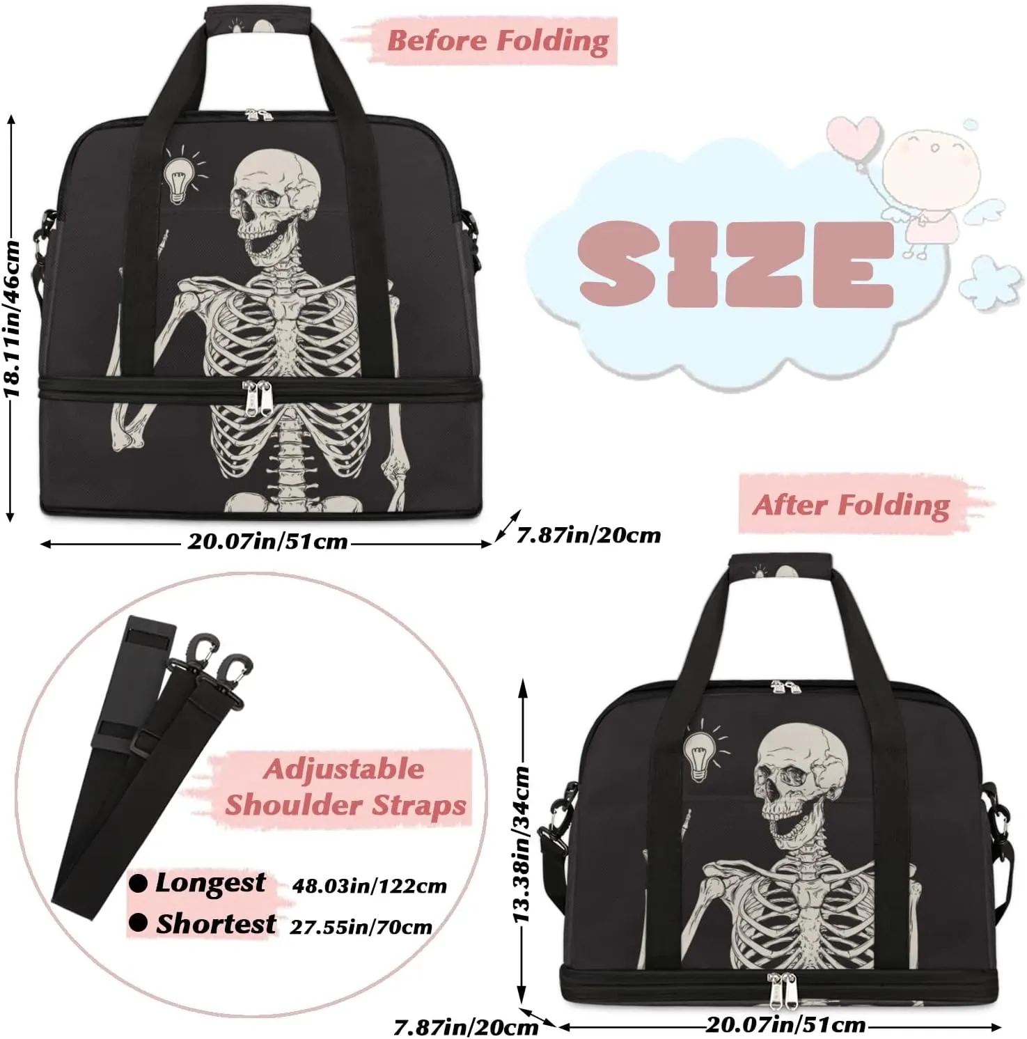 Black Skull Human Skeleton Foldable Travel Duffel Bag Sports Tote Gym Bag With Shoe Compartment For Woman Man Carry On Luggage Overnight Travel Weekend Yoga Workout Bag Training Handbag
