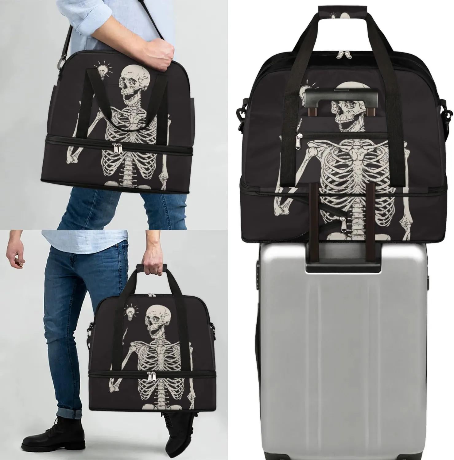 Black Skull Human Skeleton Foldable Travel Duffel Bag Sports Tote Gym Bag With Shoe Compartment For Woman Man Carry On Luggage Overnight Travel Weekend Yoga Workout Bag Training Handbag