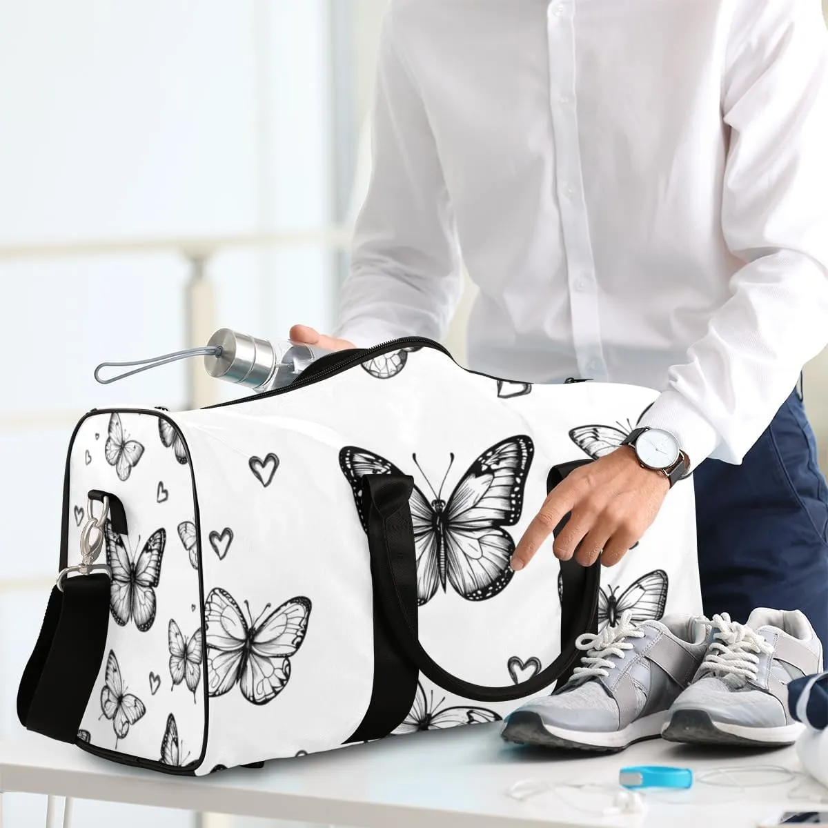 Black White Butterfly Travel Duffle Bag for Women Men Gym Duffel Foldable Bag Waterproof Weekender Butterfly Duffle Tote