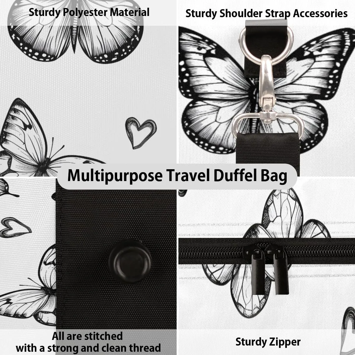Black White Butterfly Travel Duffle Bag for Women Men Gym Duffel Foldable Bag Waterproof Weekender Butterfly Duffle Tote