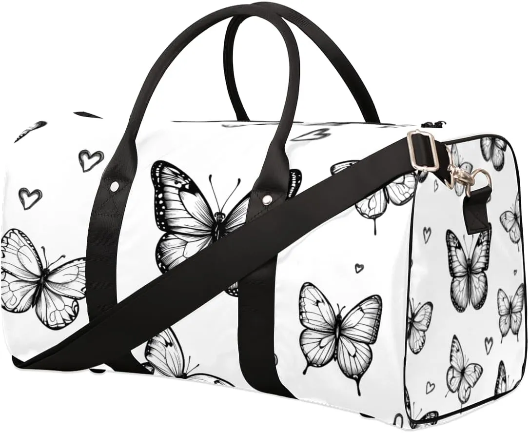 Black White Butterfly Travel Duffle Bag for Women Men Gym Duffel Foldable Bag Waterproof Weekender Butterfly Duffle Tote