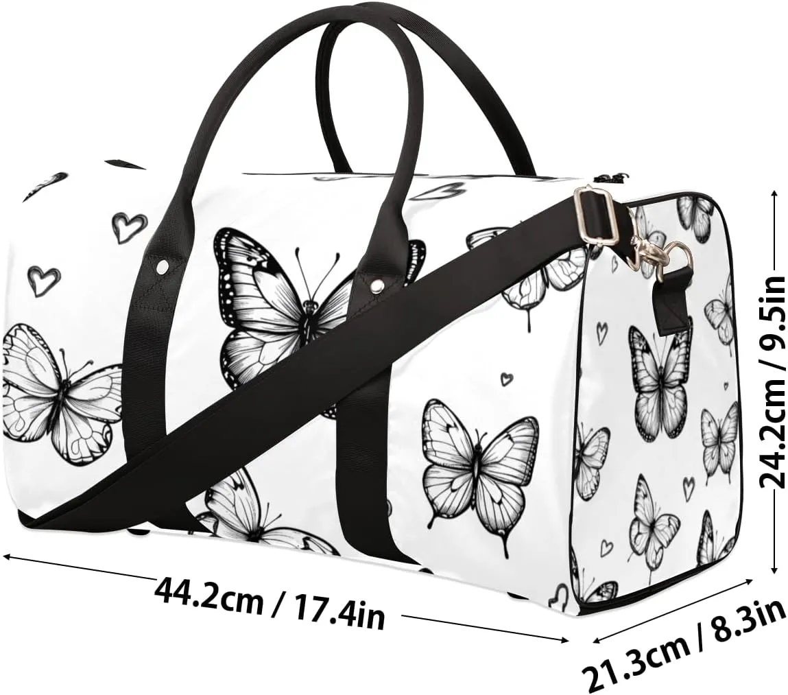 Black White Butterfly Travel Duffle Bag for Women Men Gym Duffel Foldable Bag Waterproof Weekender Butterfly Duffle Tote