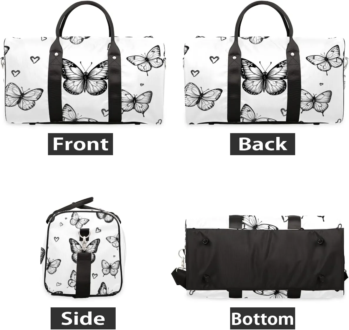 Black White Butterfly Travel Duffle Bag for Women Men Gym Duffel Foldable Bag Waterproof Weekender Butterfly Duffle Tote