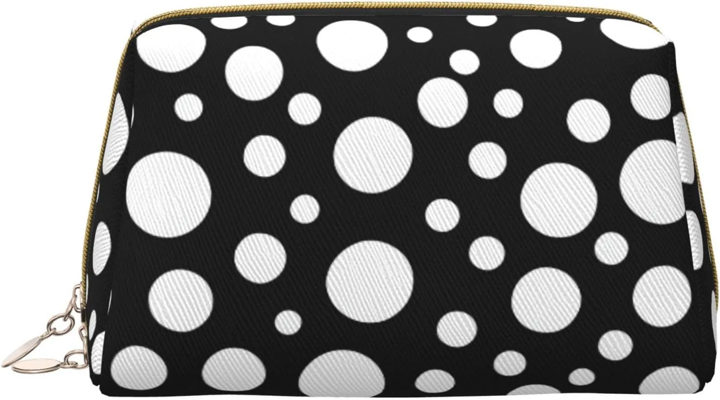 Black White Polka Dot Leather Toiletry Organizer Bag, Travel-Friendly Makeup Pouch For Women