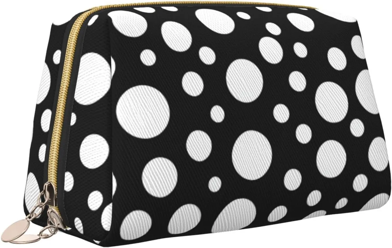 Black White Polka Dot Leather Toiletry Organizer Bag, Travel-Friendly Makeup Pouch For Women