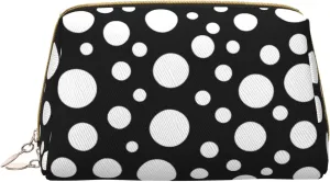 Black White Polka Dot Leather Toiletry Organizer Bag, Travel-Friendly Makeup Pouch For Women